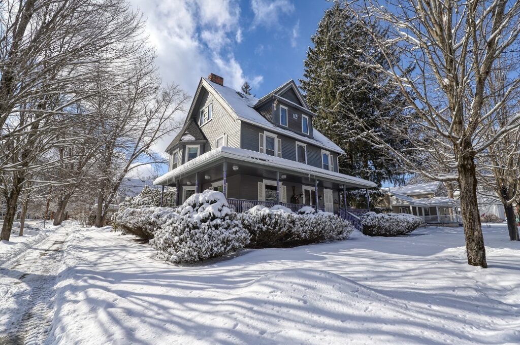 purple palace outside with snow on ground