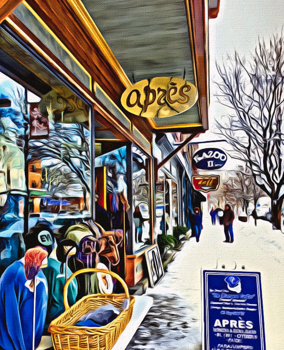 an artists drawing of the store front of Apres shop in Ellicottville