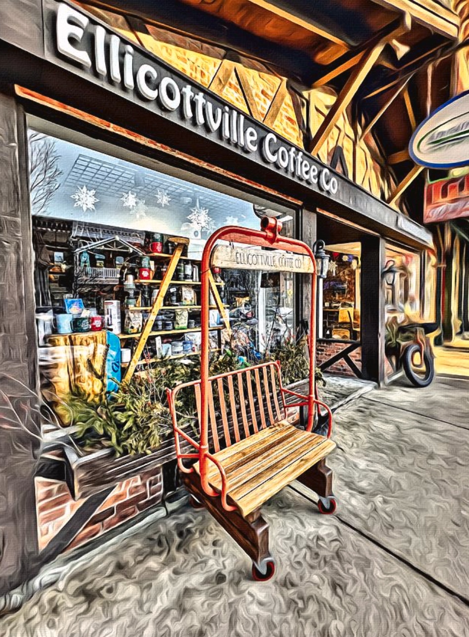 an artists drawing of the Ellicottville Coffee Company store front with an old fashions bench in front